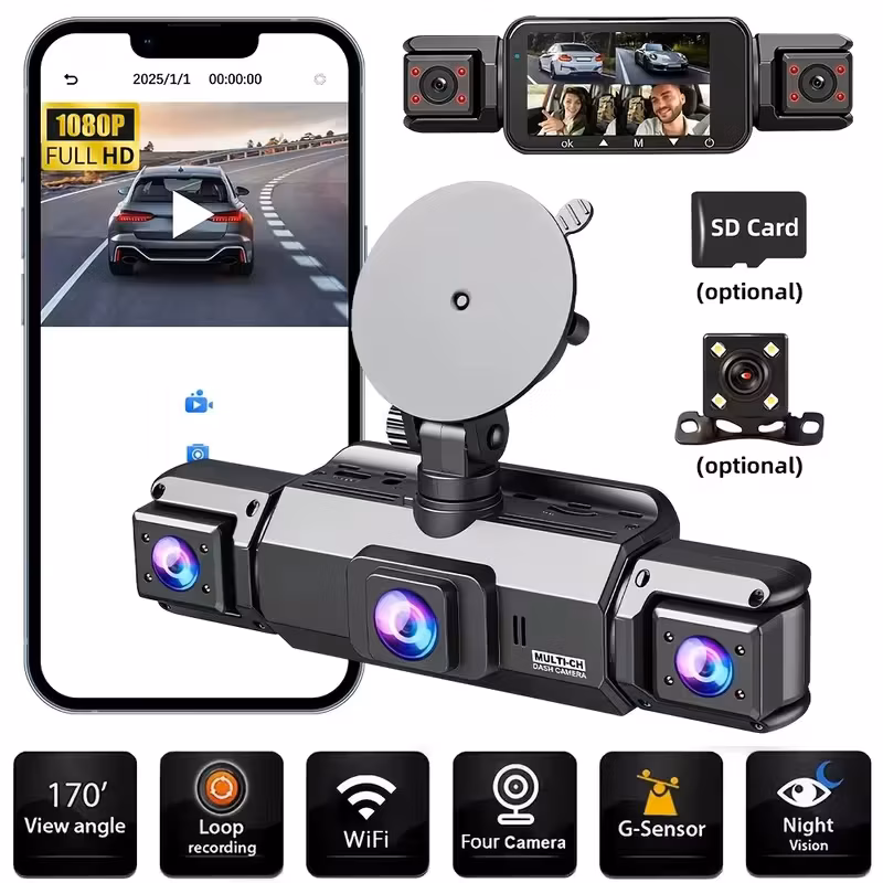 Fhd 1080P 3/4-Channel 360° Dash Cam, WiFi, IR Night Vision, Loop Recording, Ips Screen, 150mAh Battery, 12-24V