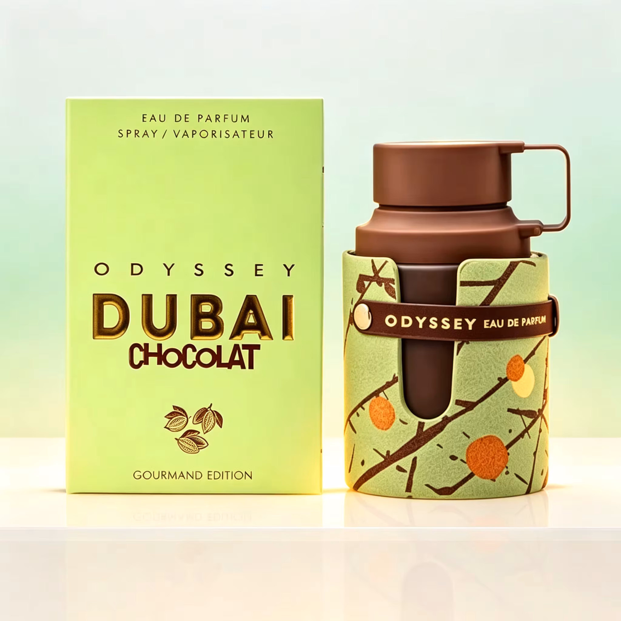 Armaf Odyssey Dubai Chocolat Eau de Parfum, 3.4 ounces; warm, spicy, nutty, coffee, and woody notes with a sweet base; matte brown bottle with a cocoa branch print; unisex gourmand fragrance