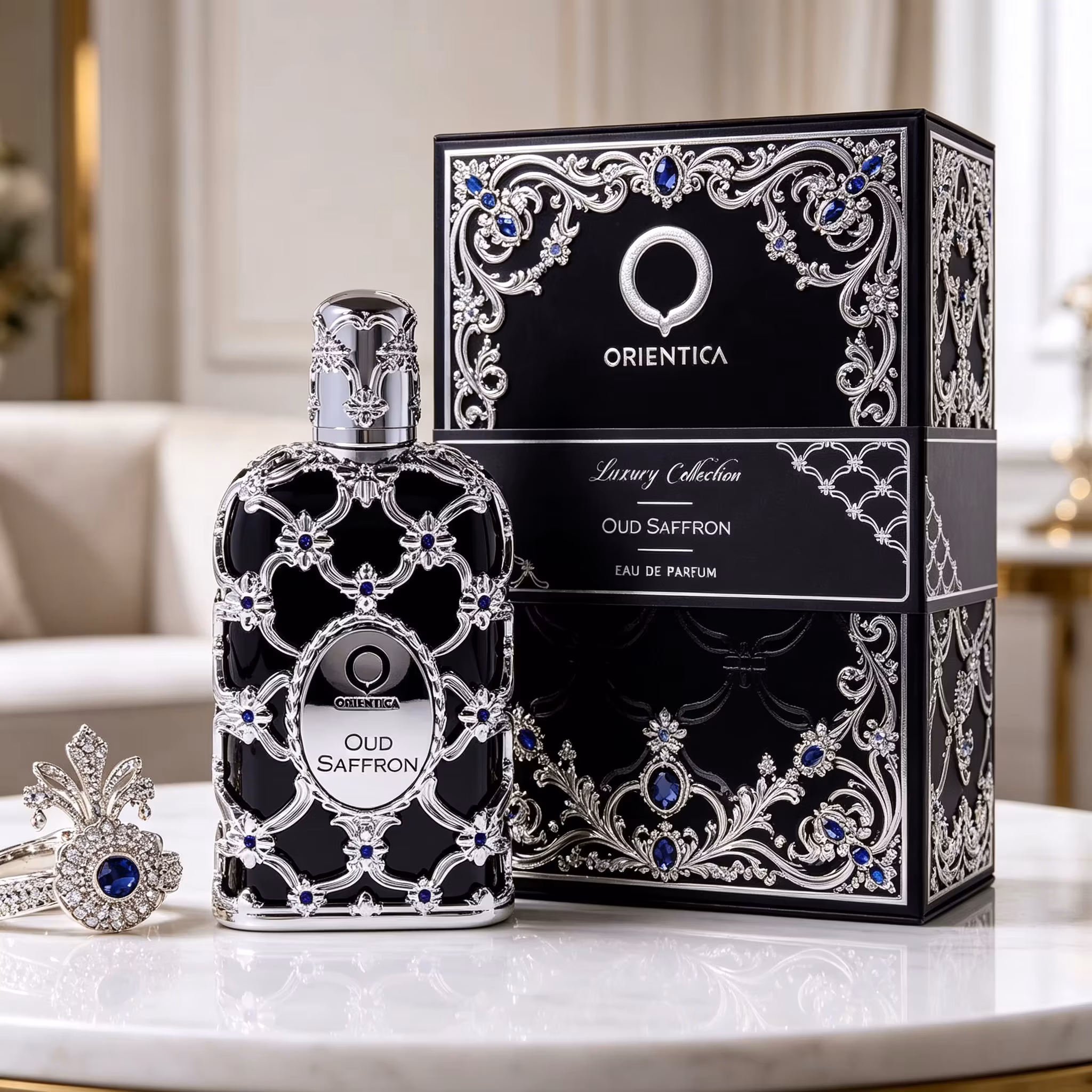 Orientica Oud Saffron Unisex Eau De Parfum Ornate Silver Filigree Bottle Warm Spicy Oud Long Lasting Neutral Luxury Perfume Gift