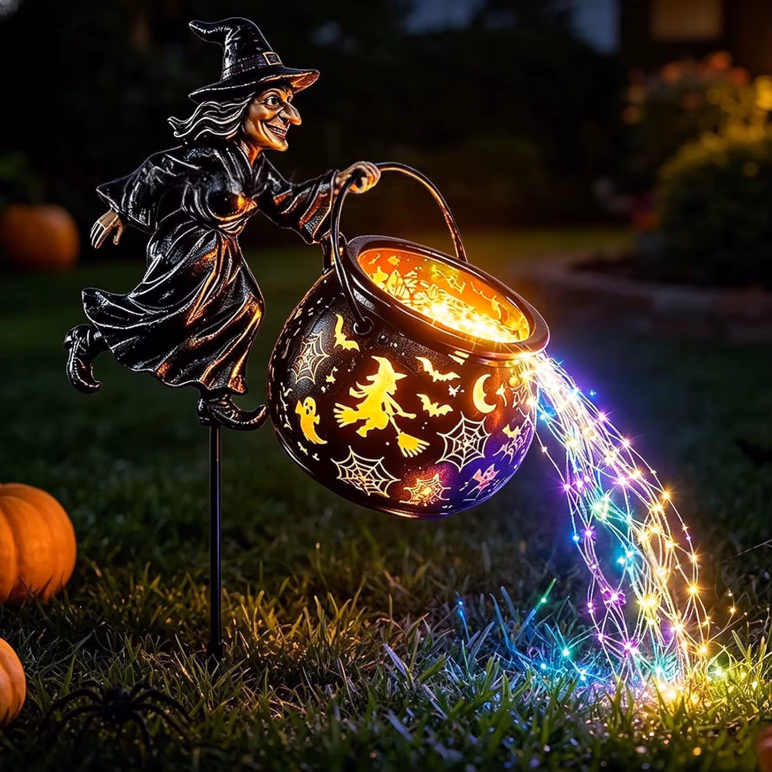 Halloween Magical Flying Witch Cauldron Garden Light Led String Light , Outdoor Patio Yard Decorations Whimsical Gnome Statue