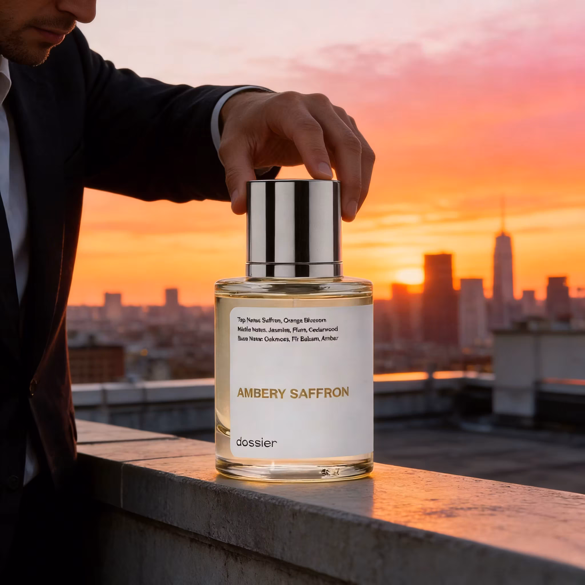 Dossier Ambery Saffron Unisex Eau de Parfum Warm Spicy Amber Woody Scent Minimalist Clear Round Bottle Silver Cap Long Lasting Neutral Daily Fragrance Premium Holiday Gift for Men and Women