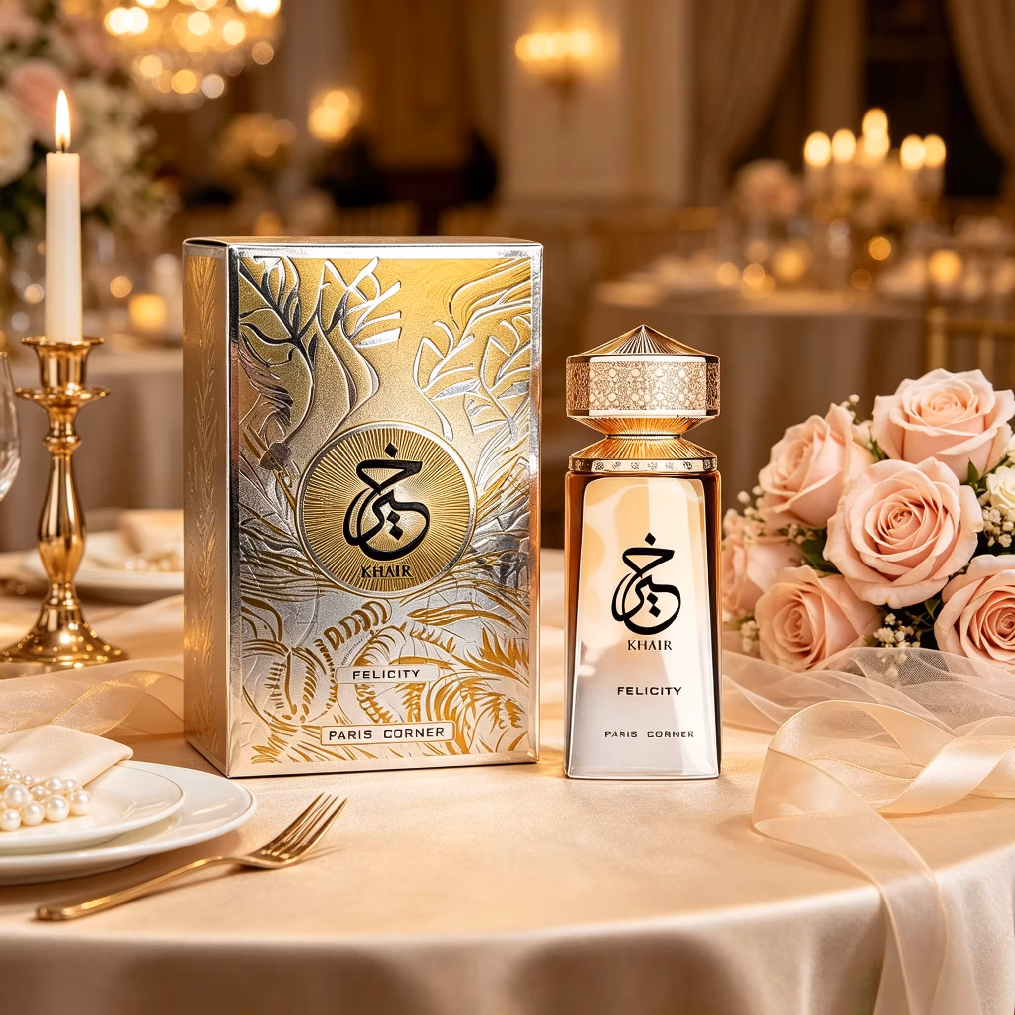 Paris Corner Khair Felicity Unisex Edp Gloss Gradient Amber Square Bottle Intricate Diamond Inlaid Gold Pyramid Cap Embossed Gold Silver Leaf Arabic Calligraphy Gift Box Warm Rich Honey Oud Woody Scent Eid Ramadan Wedding Luxury Premium Gift For Him Her