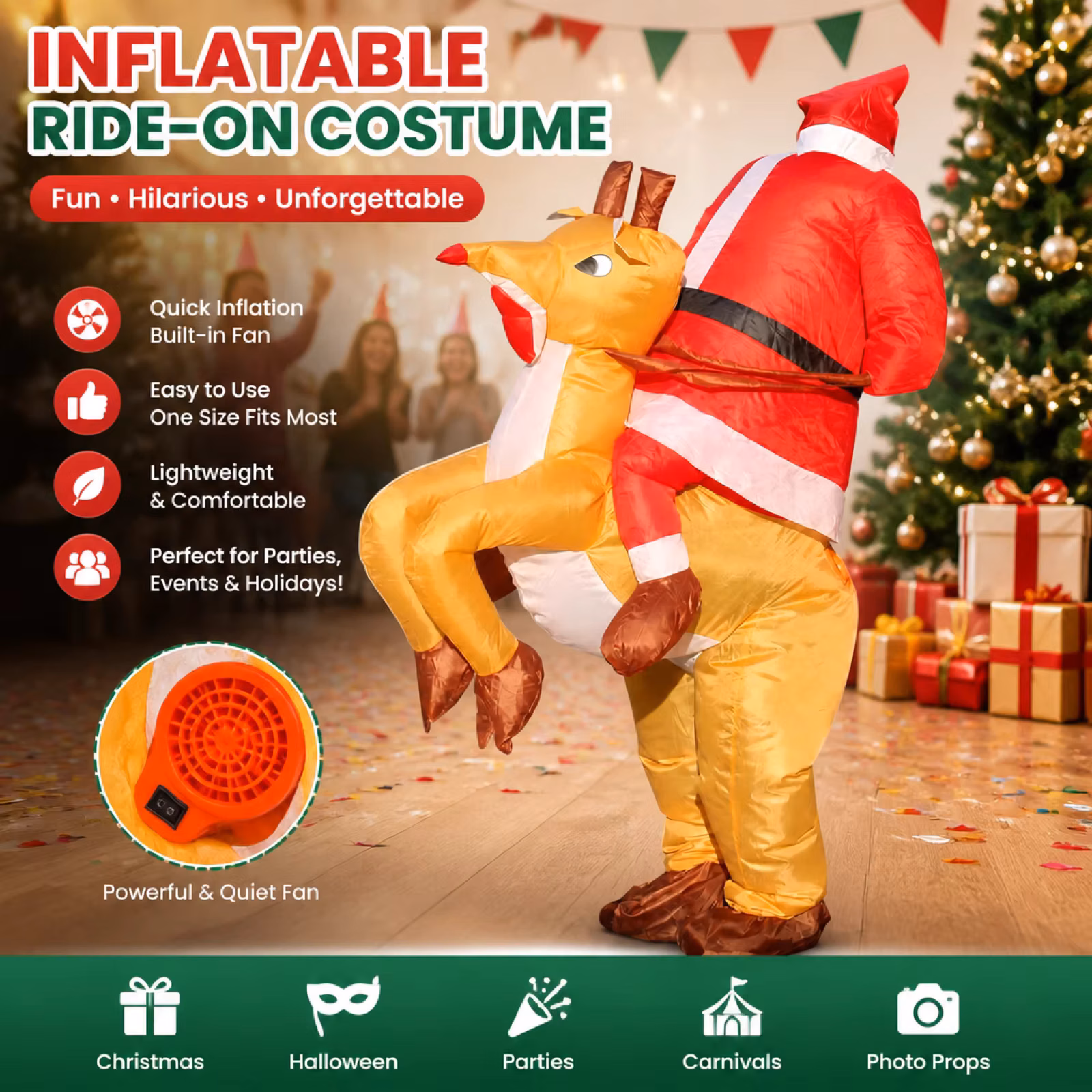 Inflatable Costume for Adults Pumpkin Reindeer Christmas Tree Blow Up Suit with Fan for Halloween Christmas Party Cosply