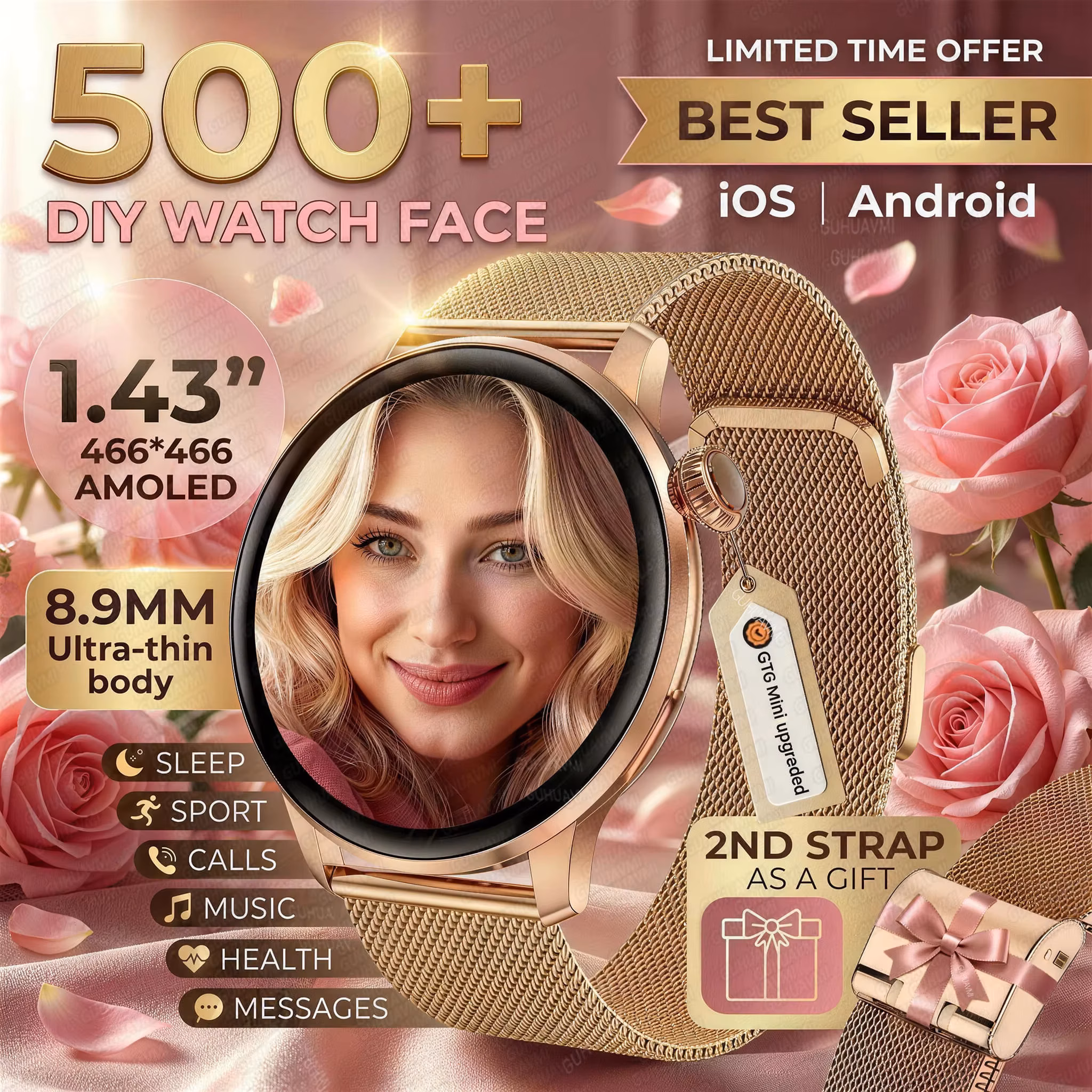 Ultra-thin 8.9mm Lady Smart Watch 500+ Custom Dial Voice Call Gps Sports Watches Heart Rate Waterproof Bracelet Women's Gift