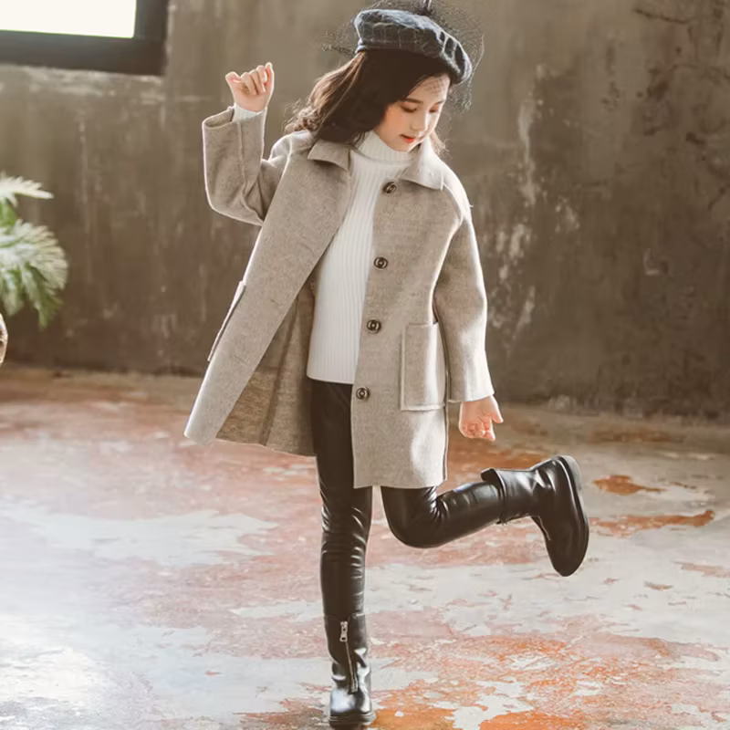 Kids Autumn Faux Wool Blend Coats Vintage Fashion Teen Girls Beige Long Jackets Warm Outerwear Thin Jacket Child 7 8 10 12 Years