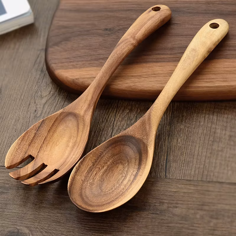 Wood Spoon Fork Large Soup Spoon Salad Serving Spoon Fork Set Long Handle Cooking Spoons Wooden Tableware Wood Kitchen Utensils
