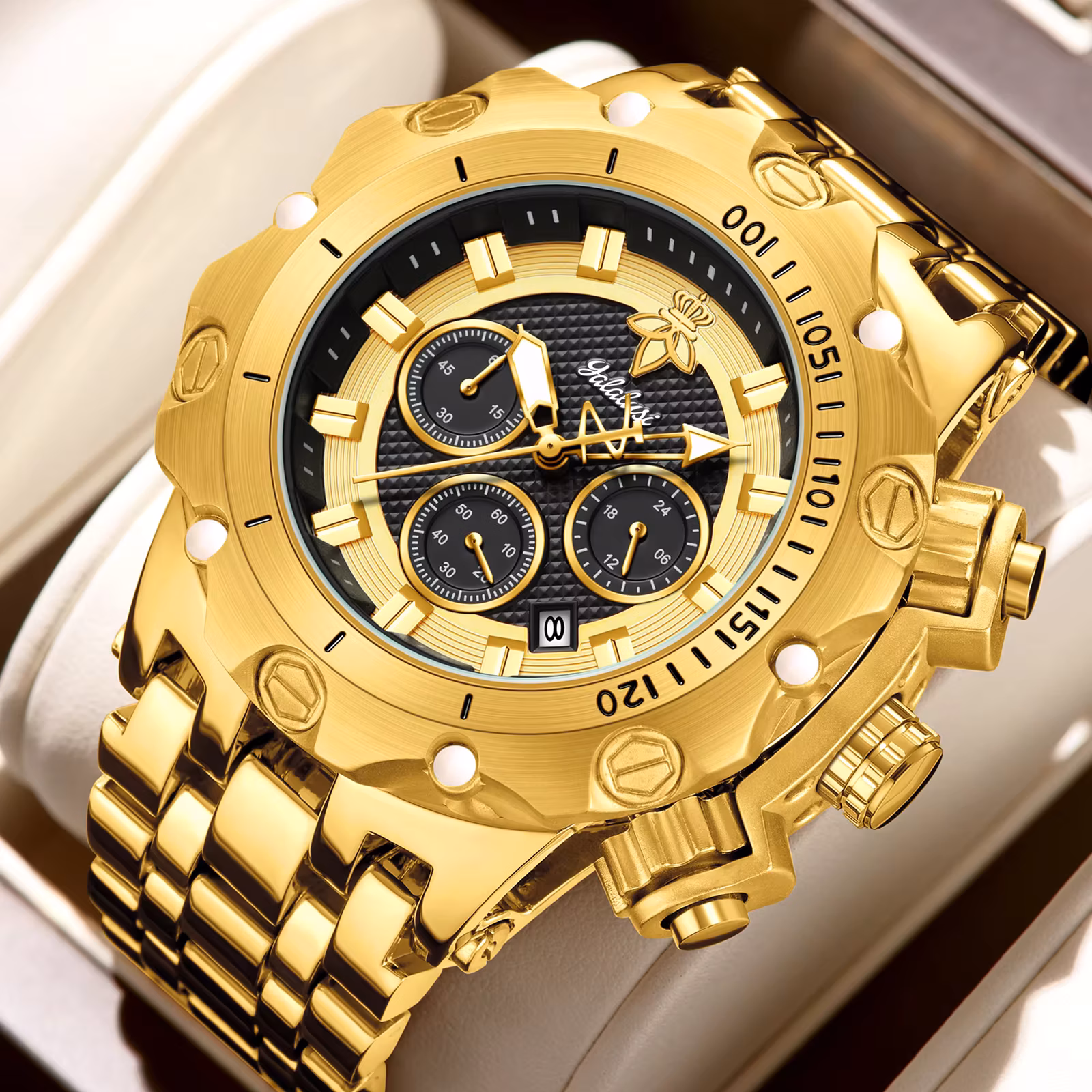 YaLaLuSi Golden Luxury Trendy Men's Quartz Watch - Date, Luminous Hands. With Gift Box & Strap Adjuster. Ideal Gift for Men