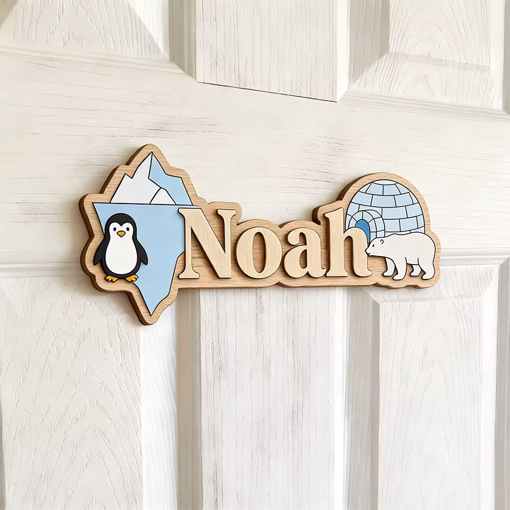 Arctic Penguin & Polar Bear Custom Name Sign Ice Cave Nursery Wall Art Personalized Wooden Plaque for Kids Room