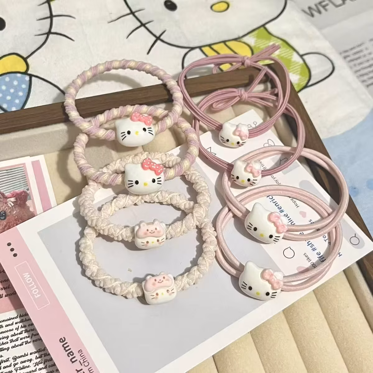 Cute Hello Kitty Pink Ins Bow KT Hair Ring Headband Cartoon Rubber Band Girl Hair Accessories Student Hair Rope Makeup Decor Toy