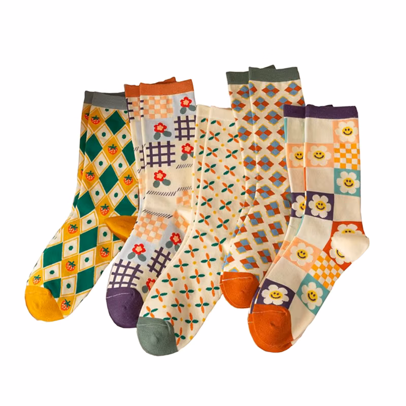5 Pair Print Cute Long Winter Socks Women Fashion Flowers Socks Set Kawaii Breathable Korean Style Streetwear Socken