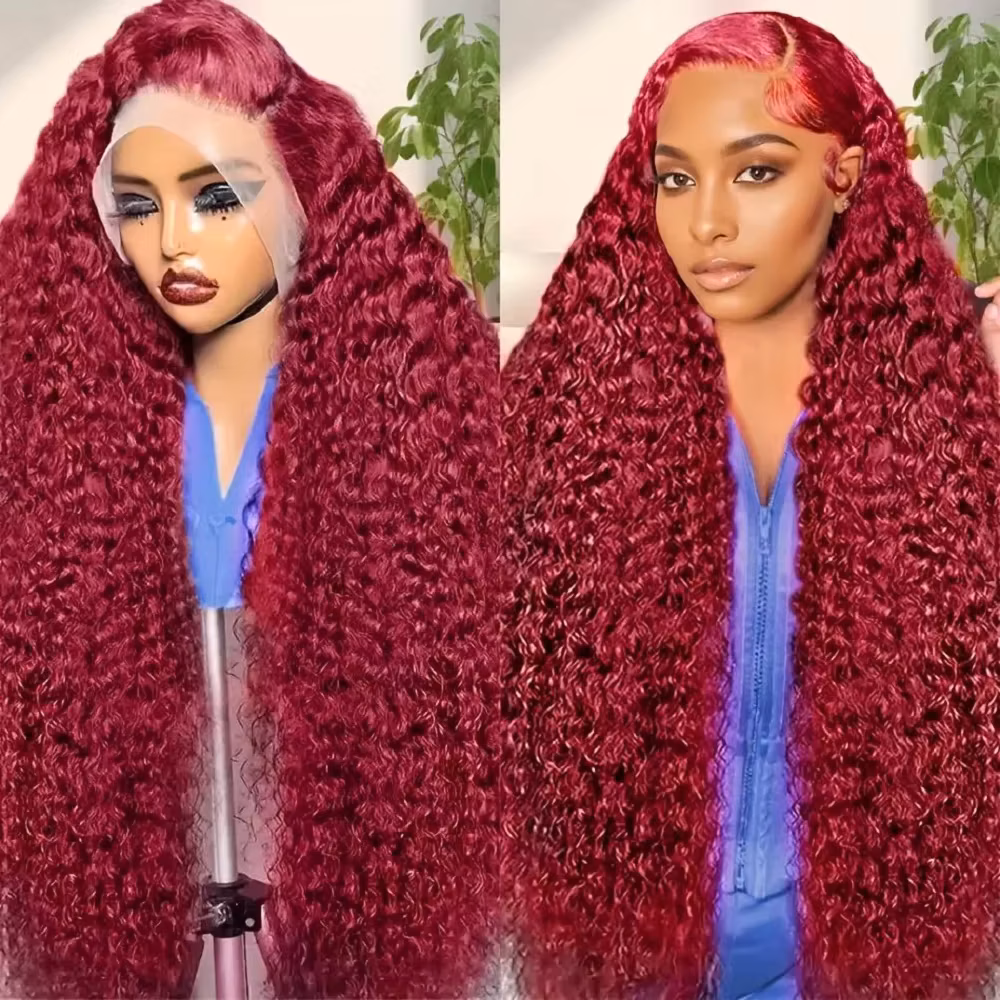 200 Density Burgundy Deep Wave Human Hair Wig 99J Colored 13x4 13x6 HD Water Curly Wave Full Lace Frontal Wigs For Women 46 Inch