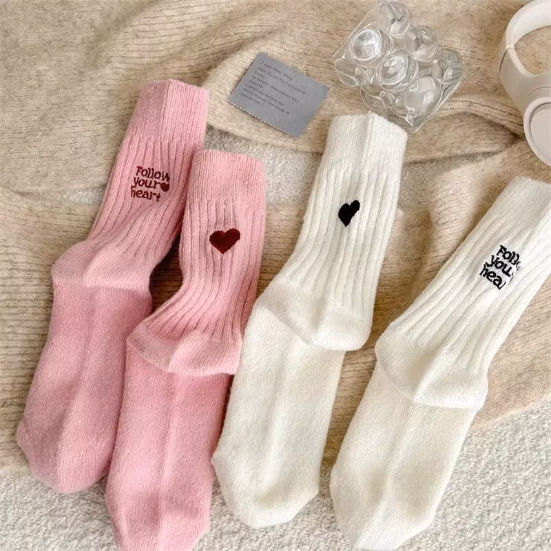 Harajuku Kawaii Middle Tube Socks Autumn Winter Pure Color Women Socks Embroidery Lover Socks Women