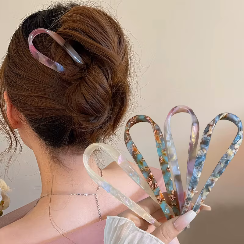 U-Shaped Hair Sticks Acetate Acrylic Hair Fork Hair Clips Fashion Bow Hairpin Geometric Headwear Women Girls Hair Accessories