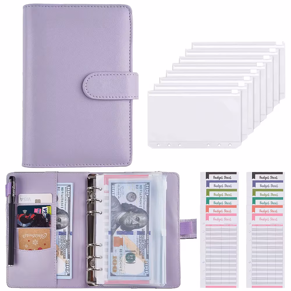A6 PU Leather Budget Binder Notebook Cash Envelopes System Set,with Binder Pockets for Money Budget Saving Bill Organizer