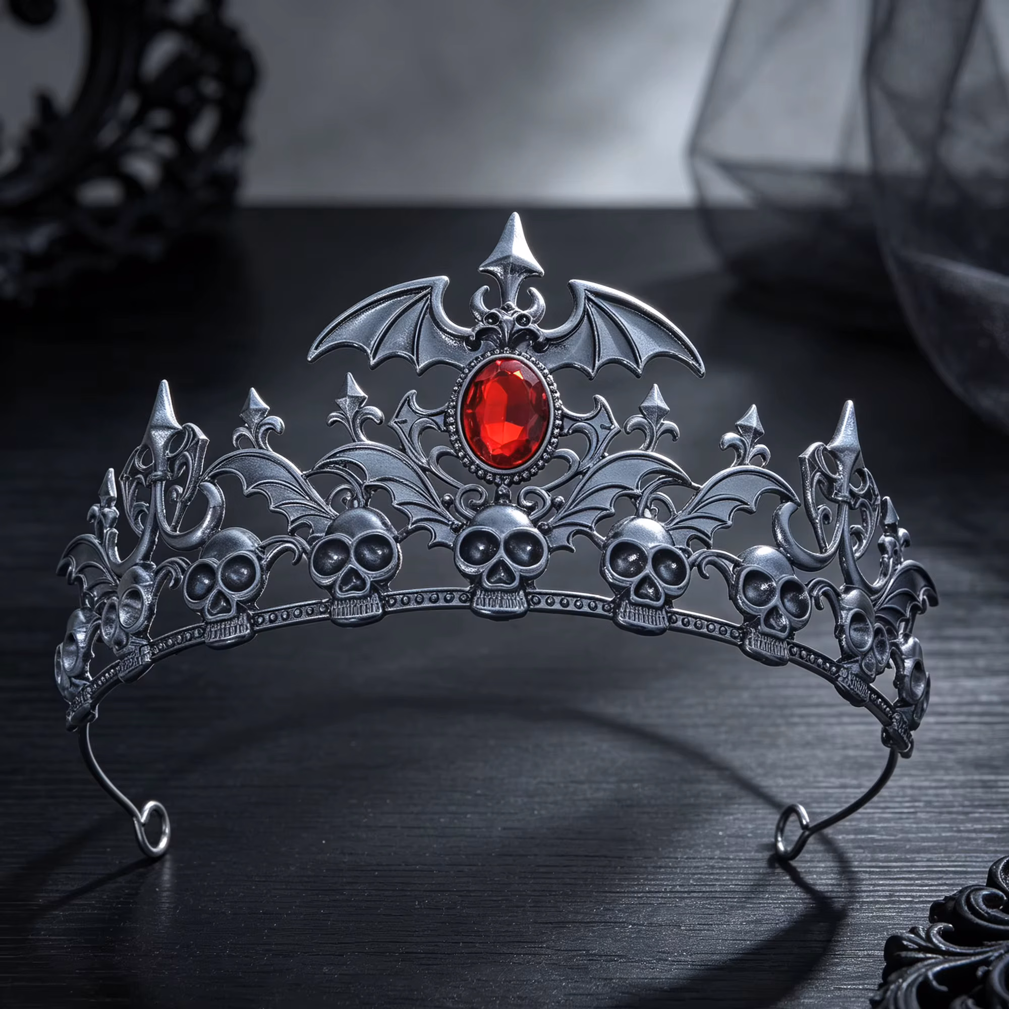 Antique Silver Skull Bat Tiara Rhinestone Gothic Headband Halloween Cosplay Dark Queen Witch Vampire Costume Party Hair Ornament