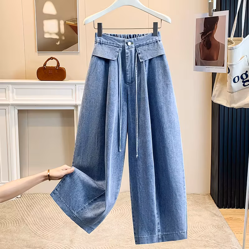 Summer Women's Wide Leg Jeans Casual Pure Cotton Denim Drapey Korean Style Slimming High Waist Loose Fit Teen Girls