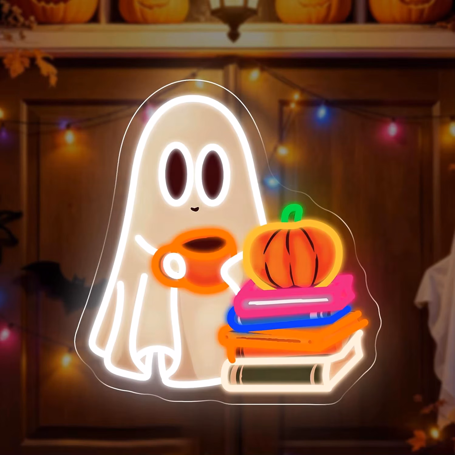 Cute Ghost Reading Book Neon Sign Led Halloween Ghost Neon Light Usb Wall Lamp for Bedroom Party Gaming Room Bar Decor Gift