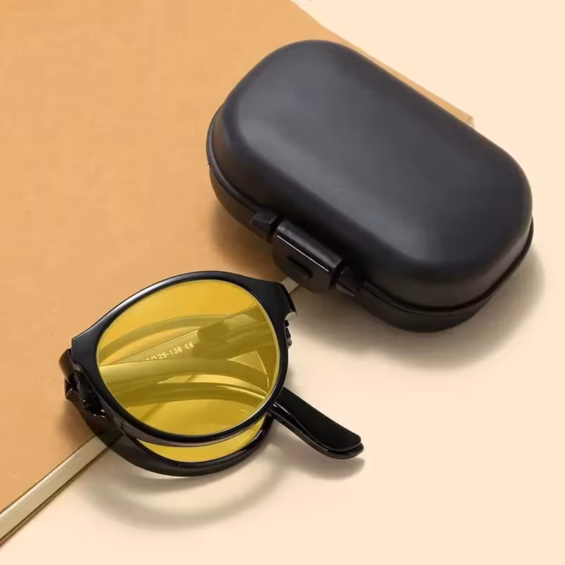 Foldable Night Vision Glasses with Box for Men Women Round Ultralight Blue Light Blocking Eye Protection Eyewear for Driving Car
