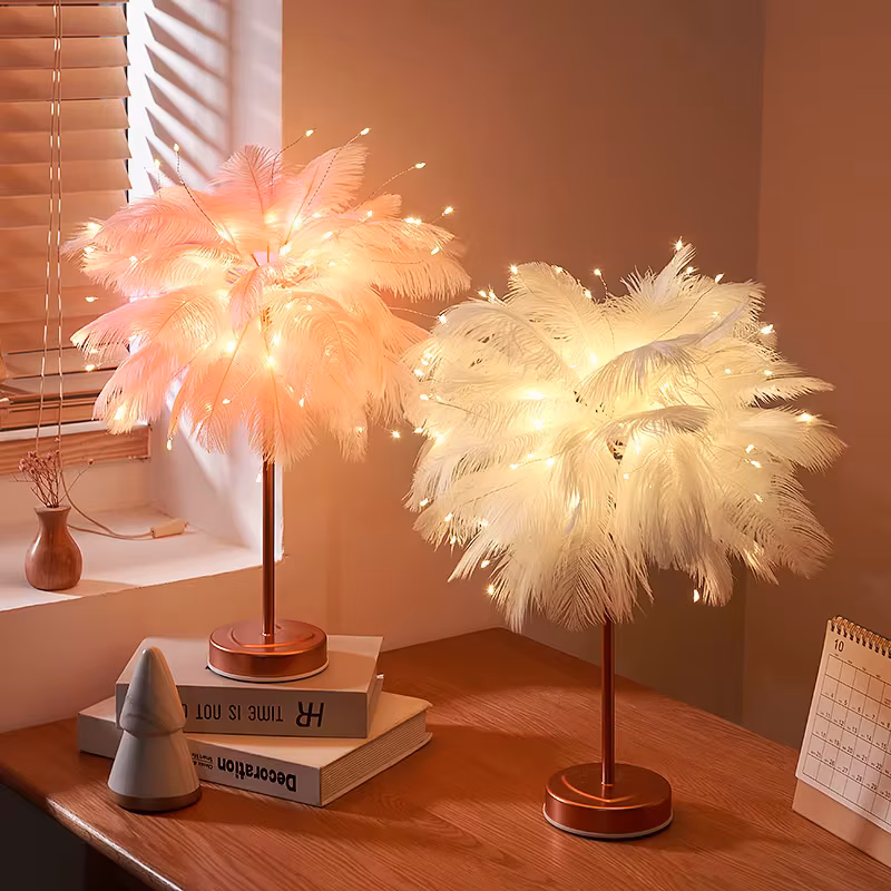 Creative Feather Table Lamp with Remote Control Usb/AA Battery Power Desk Lamp Tree Feather Lampshade Night Light for Birthday