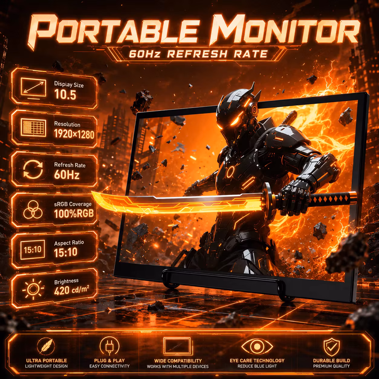 10.5" Ultra-Slim Portable Monitor, 1920x1280 Ips, 100%Rgb Stand + Speakers, Type-C/Full Usb-C/Mini Hdmi PC Travel Gaming Soyo