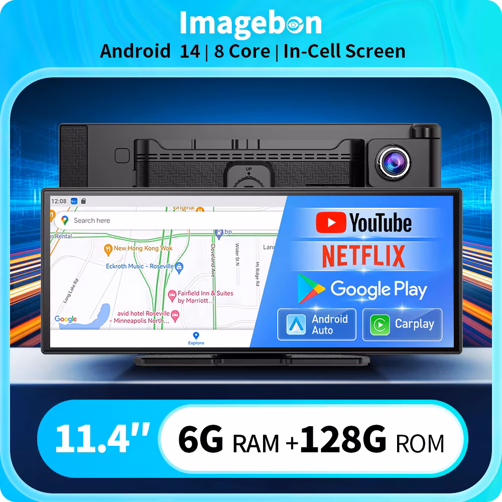 Imagebon 11.4" Android 14 Dashcam 8 Core In-Cell Screen with Wireless CarPlay & Android Auto Youtube Netflix Google Play Car Dvr