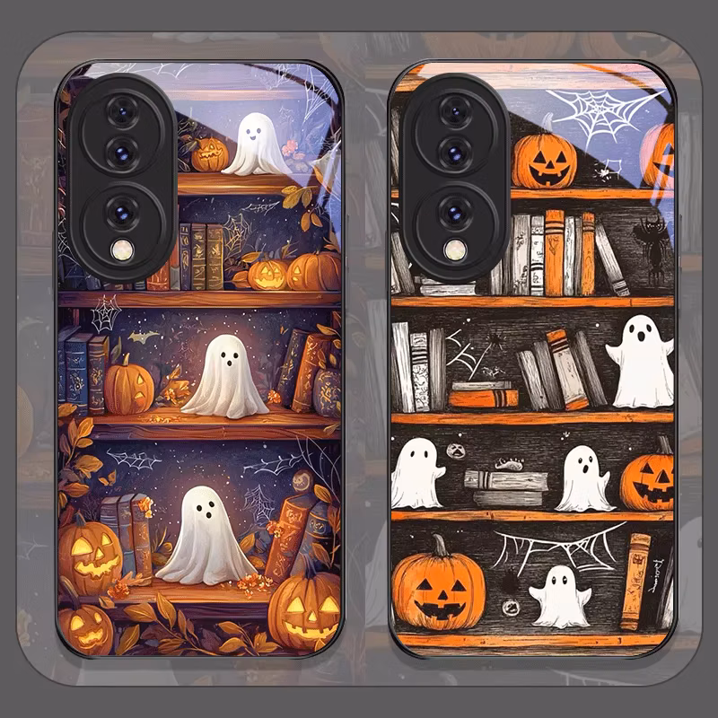 Halloween Pumpkin Ghost Bookshelf Tempered Glass Phone Case for Huawei Honor 200 Lite 300 100 Pro 90 GT X8 Magic 7 6 5 Pro Cover