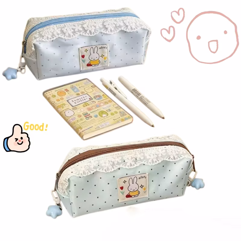 Minimalist Miffy Polka Dot Pencil Case with Lace Trim | Large Capacity Ins-Style Stationery Bag for Students