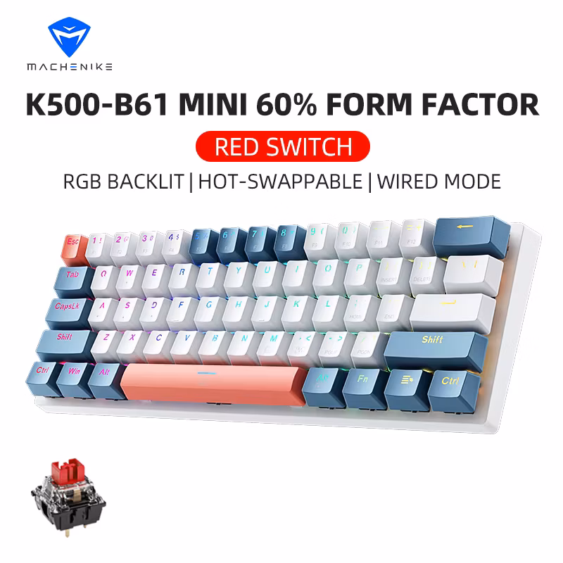 K500-B61 Machenike Mini Mechanical Keybaord 60% Form Factor 61Keys Gaming Keybaord Wired Full Key -Swappable Rgb Backlit
