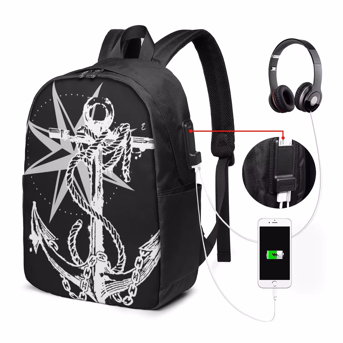 Nautical Compass Captain Anchor Boat Backpack Travel Notebook Bag Computer College Student School Bag Laptop Shoulder Bags