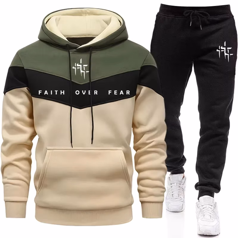 Faith Over Fear Men's Tracksuit Hooded Sweatshirt and Jogger Pants Urban Fashion Hoodies Outfits Autumn Winter Casual Sportswear