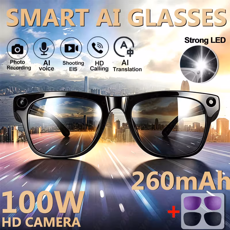 AI Smart Glasses with 100W HD Camera Anti Blue Sunglasses Voice Assistant Photo 3D Music Calling Smart Glasses For Men Women