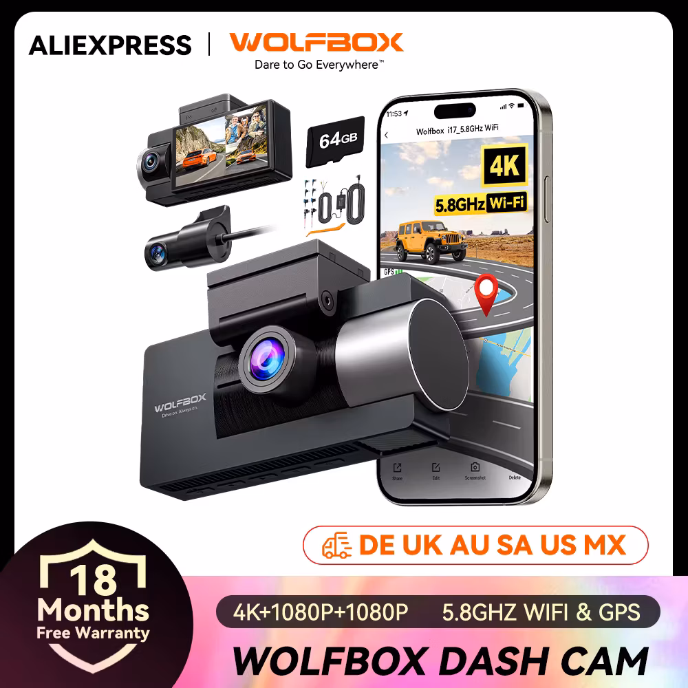 Wolfbox I07 Dash Cam 3 Channel Dash Camera for Car Front and Rear 4K Dash Camera with Gps WiFi Car Dvr for 170 Fov Wdr
