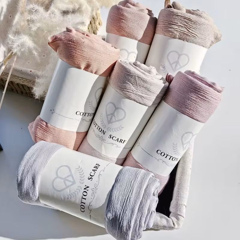 Fancy Fine Pleated Rayon Cotton Scarves Micro Crinkle Soft Cotton Long Shawl Factory Hemming Price Hijab