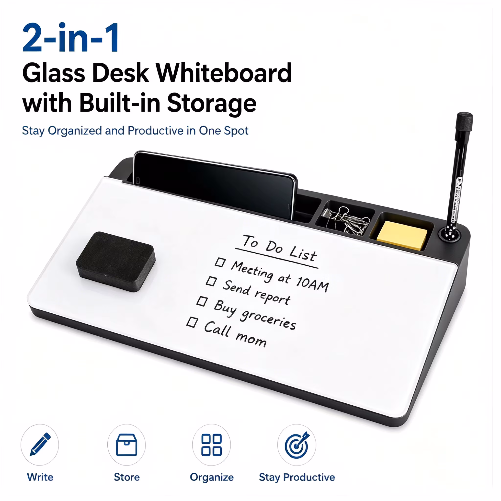 2-in-1 Sleek Compact Glass Desk Whiteboard with Built-in Storage Modern Tempered Desktop Organizer Keyboard Holder Efficient