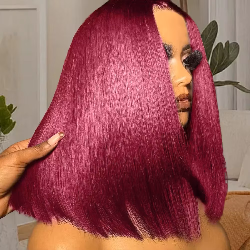 13x4 HD Lace Front Wigs 200 Density Preplucked Prebleached 99J Burgundy Colored 8-14 InchStraight Short Bob Human Hair Wigs