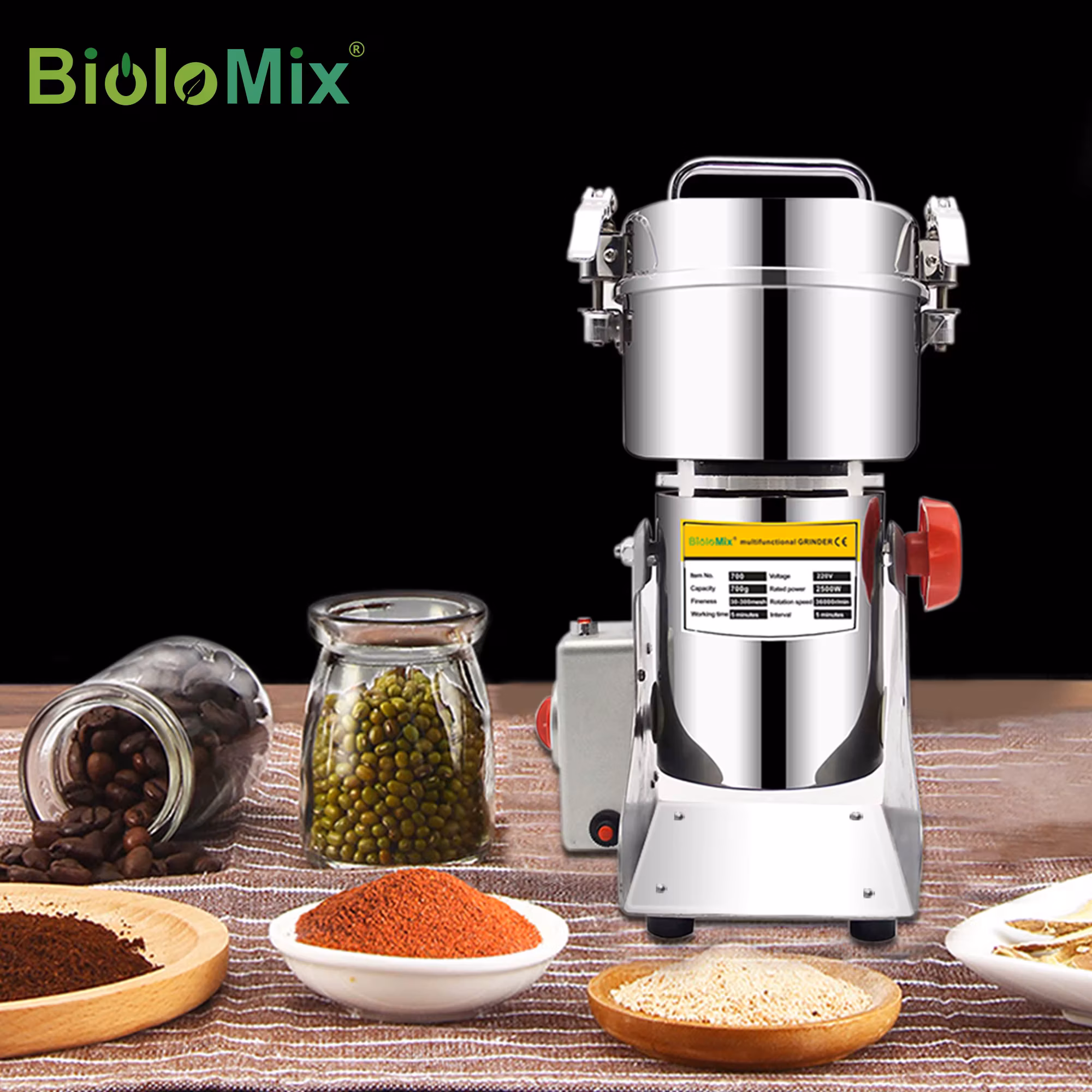700g Swing Type Electric Grains Herbal Spices Powder,Dry Food Miller,High Speed,Elekchef by Biolomix Display Coffee Grinder