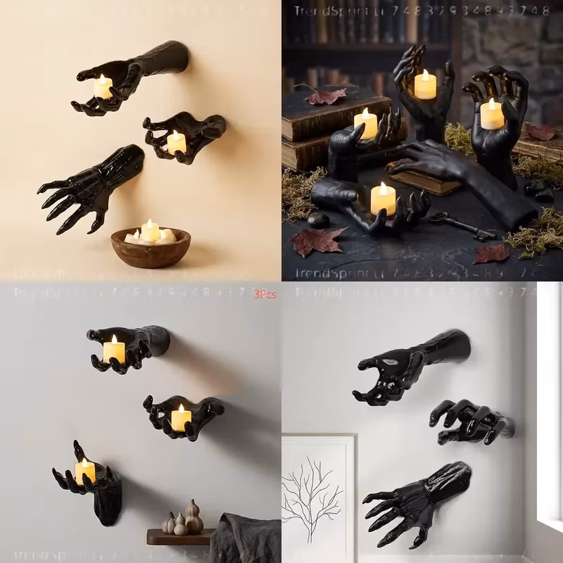 3 Pcs Halloween Wall Decor Lights 3D Scary Outstretched Black Hand With Led Candles Life‑Size Spooky Hand Ornament For Indoor Outdoor Home Party Decoration