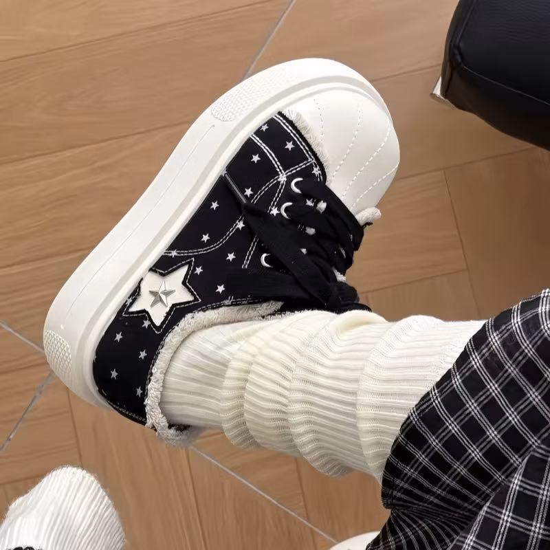 Star Patch Denim Platform Trainers Lolita Chunky Canvas Sneakers Women Frayed Trim Lace Up Platform Shoes Teen Girl Sneaker