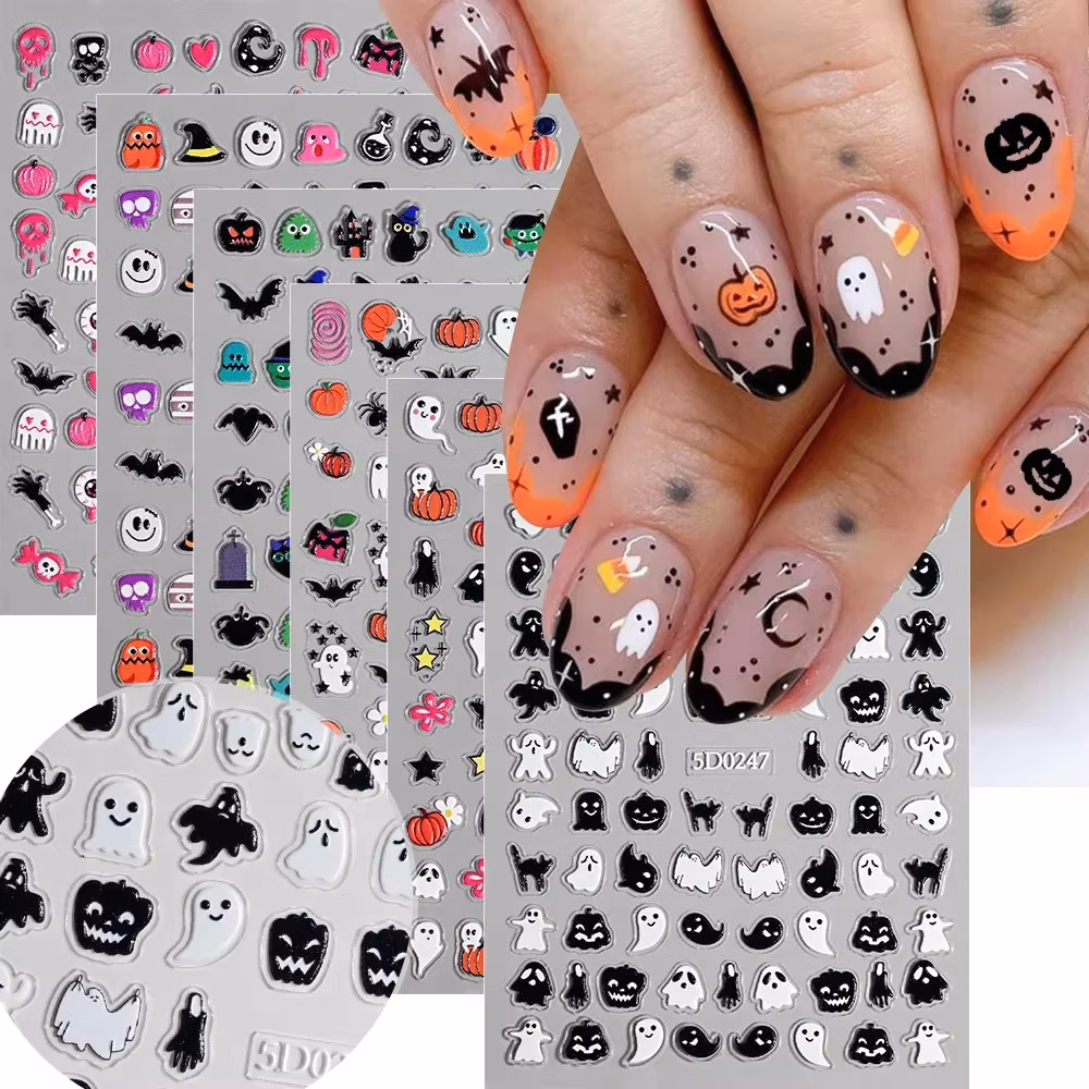 1sheet 5D Halloween Nail Stickers Pink/Green/Black Cartoon Pattern Nail Art Slider Diy For Sweet Cool Girl Cute Nail Decoration
