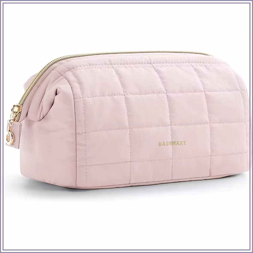 Puffy Makeup Bag Travel Toiletry Organizer, Wide-open Pouch for Cosmetics & Brushes, Pink