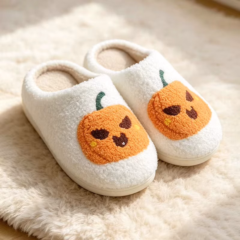 Halloween Pumpkin Fluffy Slippers Women Spooky Indoor Cozy Winter Slides Footwear Party Holiday Shoes Unisex Lightweight Silent