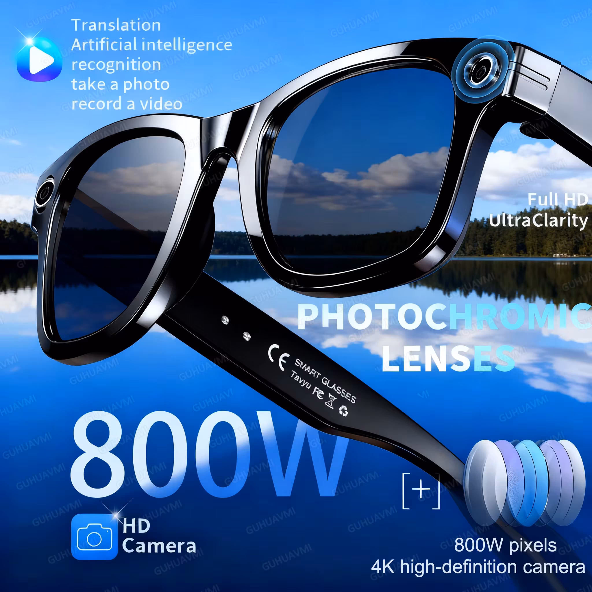 8 Million Pixels Camera Smart Glasses Recording Videos AI Photo Recognition Answer Translation Waterproof Blue light Glasses