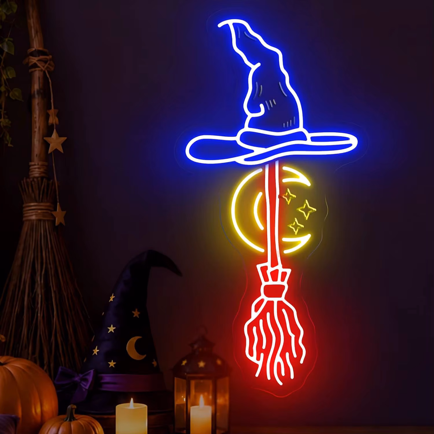 Witch Hat Broom Neon Sign Moon Star Led Neon Light Usb Powered Wall Hanging Lamp for Halloween Party Bedroom Bar Decor Gift