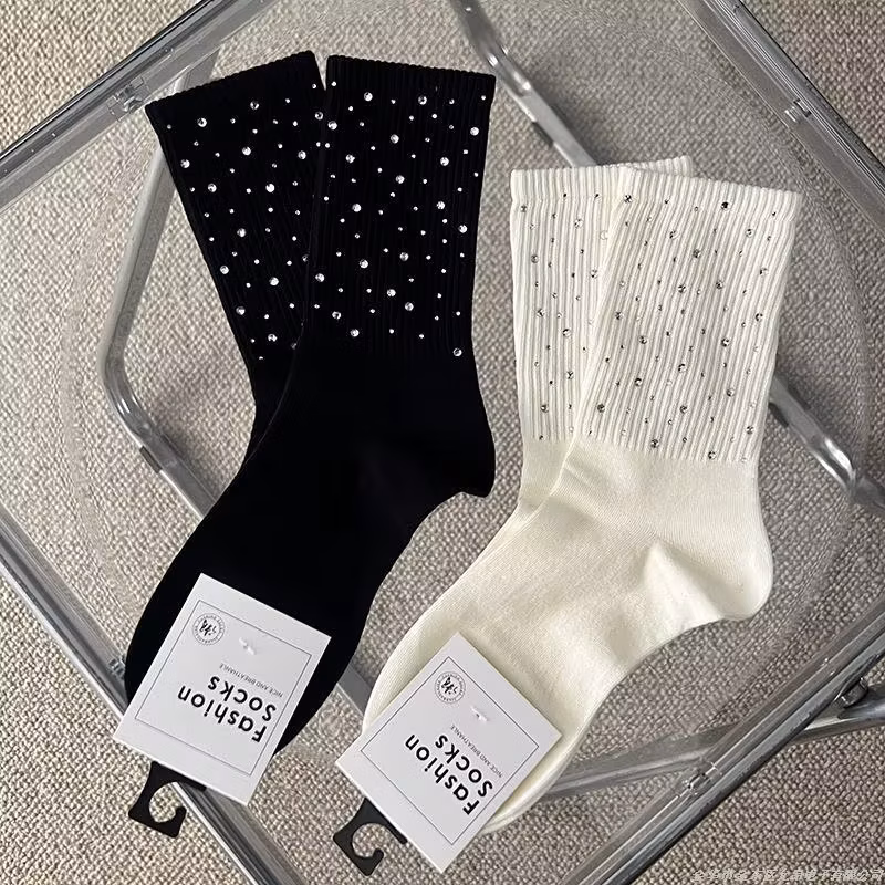 1/2 Pairs Double Sided Rhinestone Women's Pure Cotton Mid Tube Socks Spring Heavy-duty Fashionable and Trendy Long Tube Socks