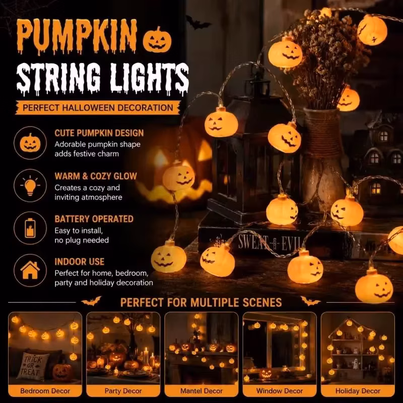Halloween Pumpkin Led Light String Battery Powered Suitable for Indoor Parties Bedroom Window Lighting Festival Decoration