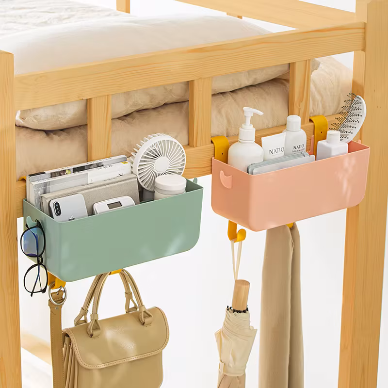 Hanging Bedside Organizer Storage Bed Shelf with 2 Hooks Storage Box for Dorm Rooms Bed Rail for Glasses Mobile Phones Key