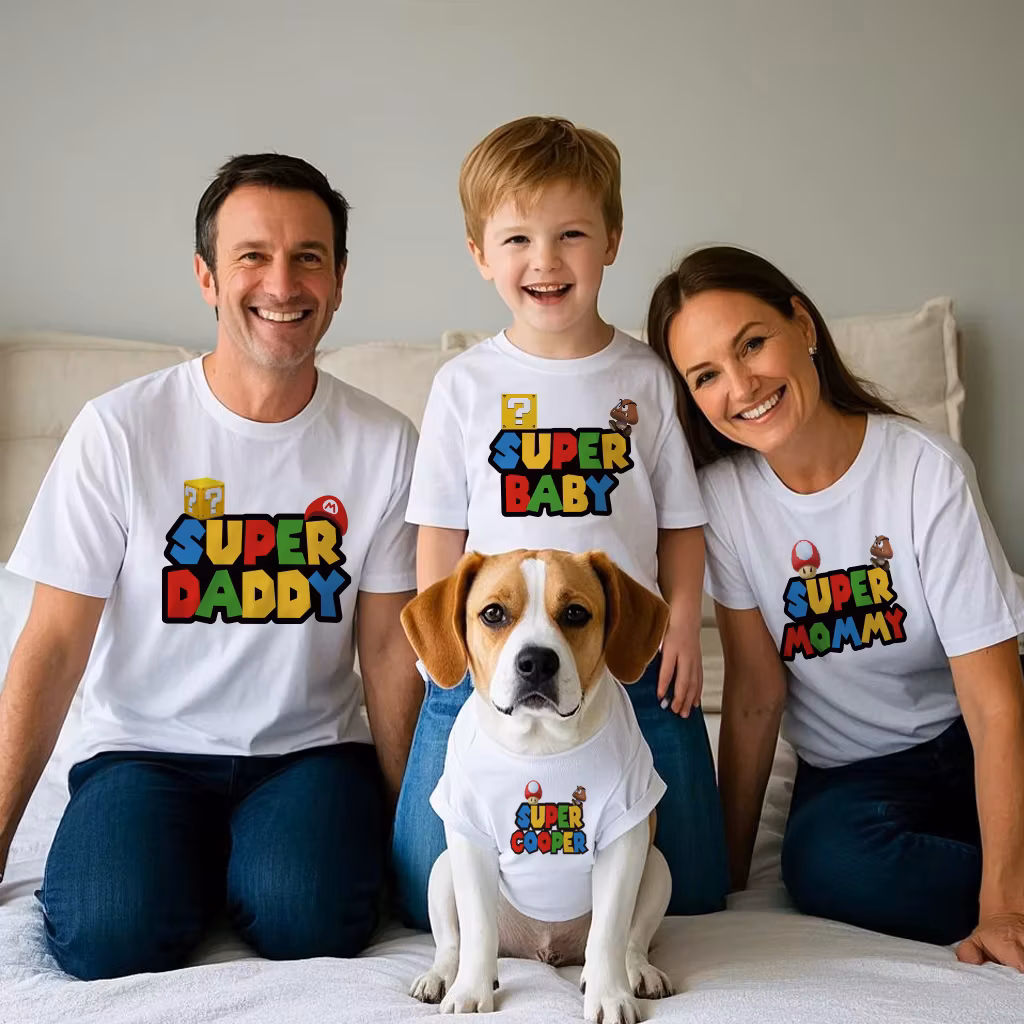 26 Super Mario-themed printed T-shirts, perfect for family trips, parties, and everyday wear.
