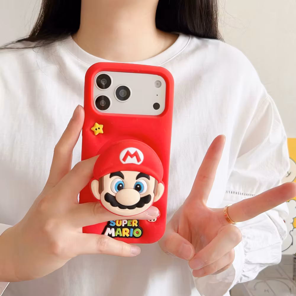 3D Stereoscopic Cute Cartoon Super M-Marios Bros Stand Holder Phone Case For iPhone 16 15 14 13 Pro Max Soft Silicone Cover
