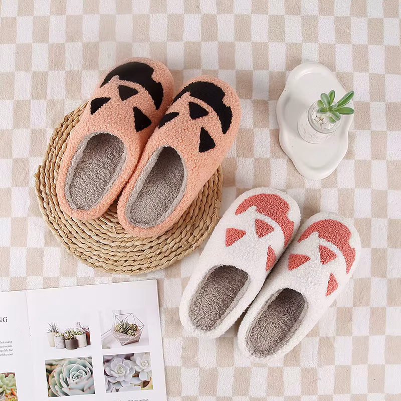 Fashion Winter Halloween Pumpkin Pattern Cotton Slippers for Men Non-slip Warm Home Women Slipper Flat Floor Shoes