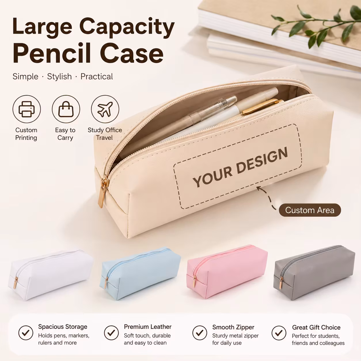 Custom PU Leather Pencil Case Large Capacity, Smooth Zipper Stationery Organizer Pouch Custom Logo Name for Office School